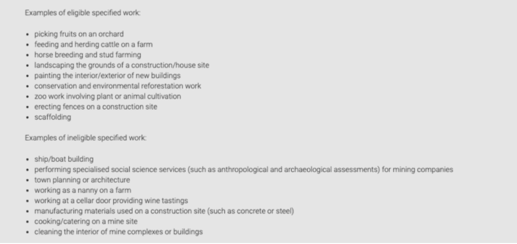 Eligible and Non-Eligible Farm Work Examples in Australia