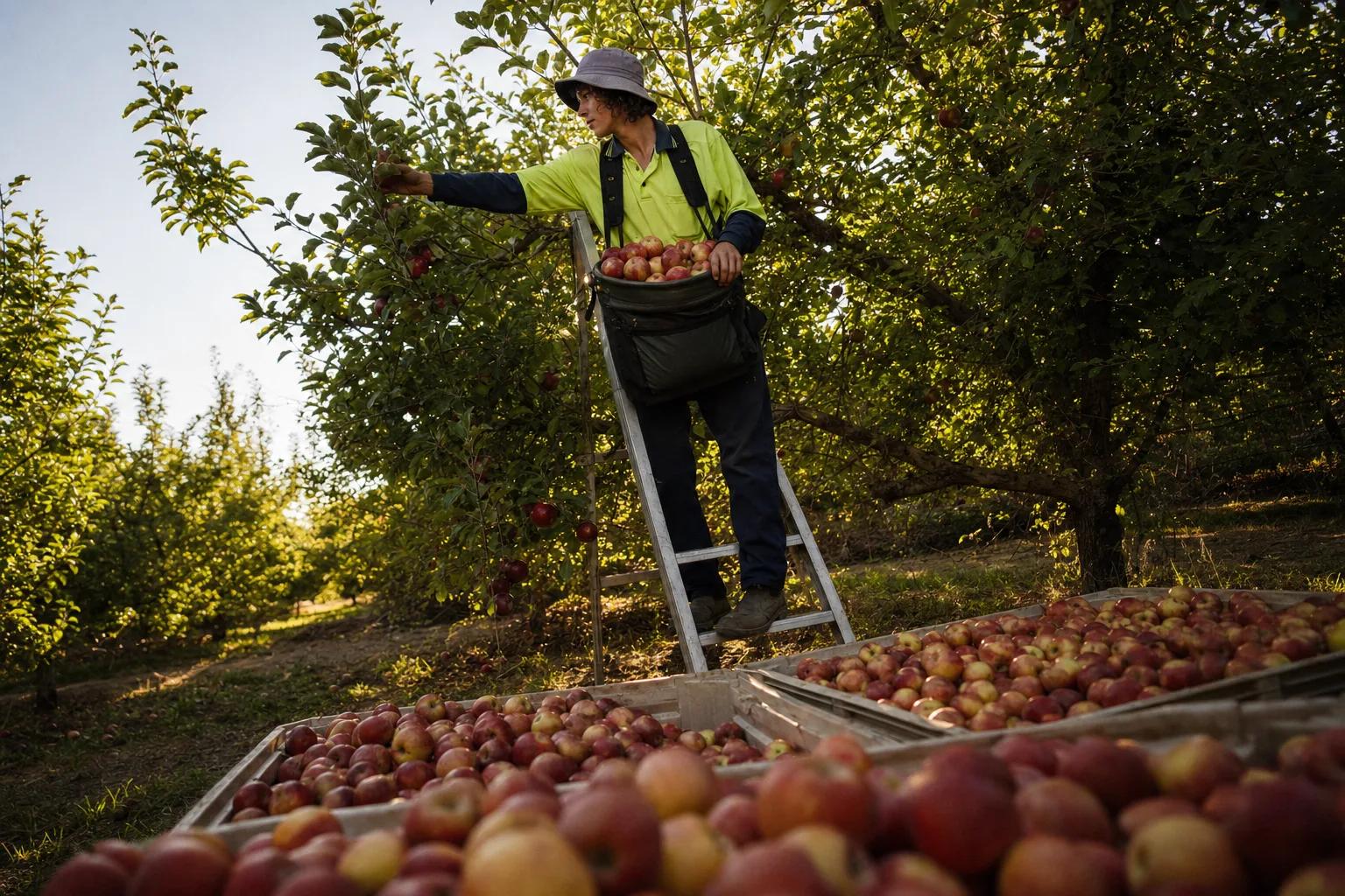 A backpacker picking apples from a ladder in an Australian orchard