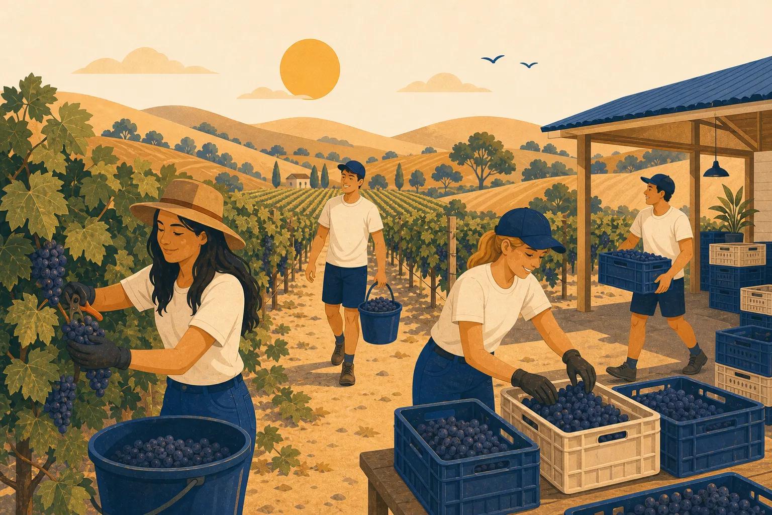 Illustration of backpackers picking grapes and sorting produce in South Australia's wine region