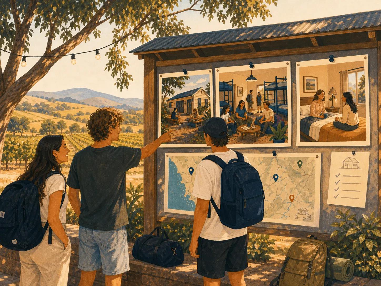 Illustration of backpackers choosing between different stay options in South Australia