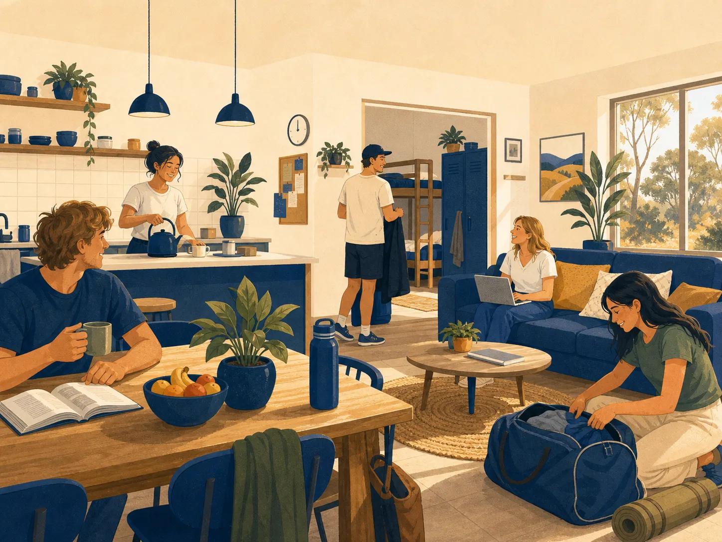 Illustration of backpackers settling into a shared house in South Australia