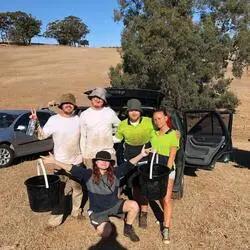 Backpackers with picking buckets at a vineyard