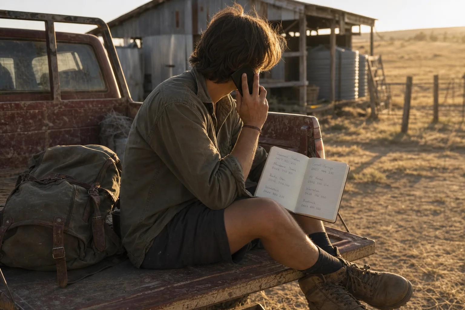 A backpacker on the phone with a notebook of farm contacts on a ute tailgate
