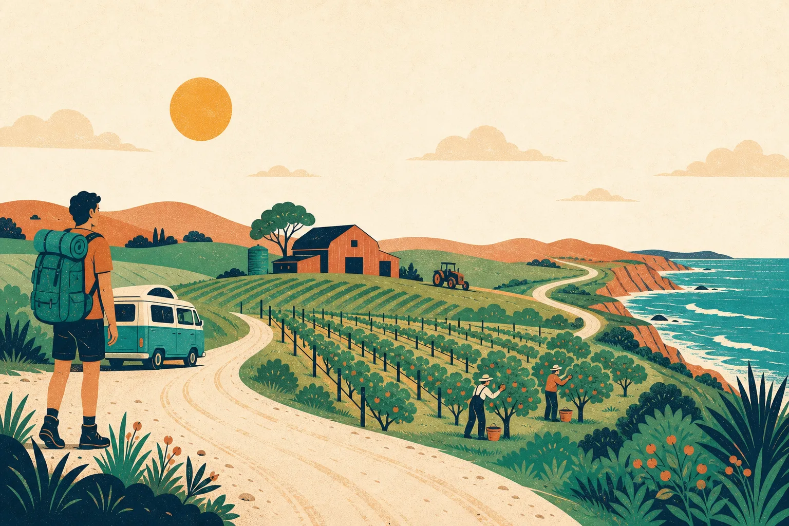 Illustration of the working-holiday farm-work journey: arriving by campervan, picking fruit through the vineyards and farmland, and finishing on the South Australian coast